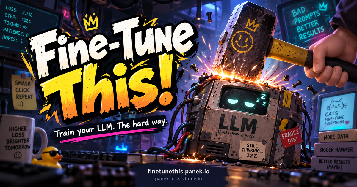 Fine-Tune This! — grafika gry: młot uderzający w pudełko z leniwym LLM-em